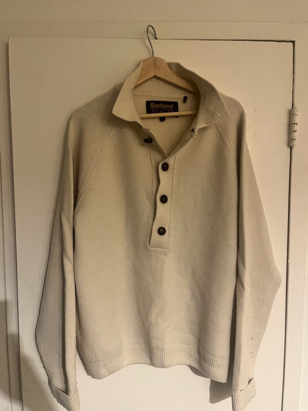 Barbour x To Ki To Cream Ribbed Button-Placket Knit Pullover